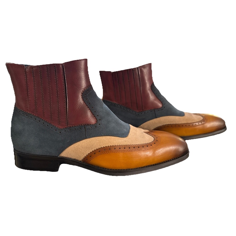 Moretti Gold Label Melrose Mens Boots Suede Leather Brown Navy‎ Sz 8D New In Box